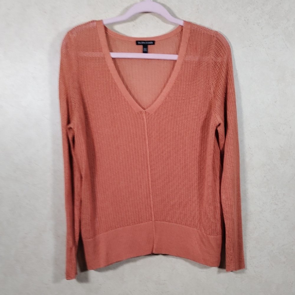 H197 Eileen Fisher rust wool blend open weave v-neck sweater M